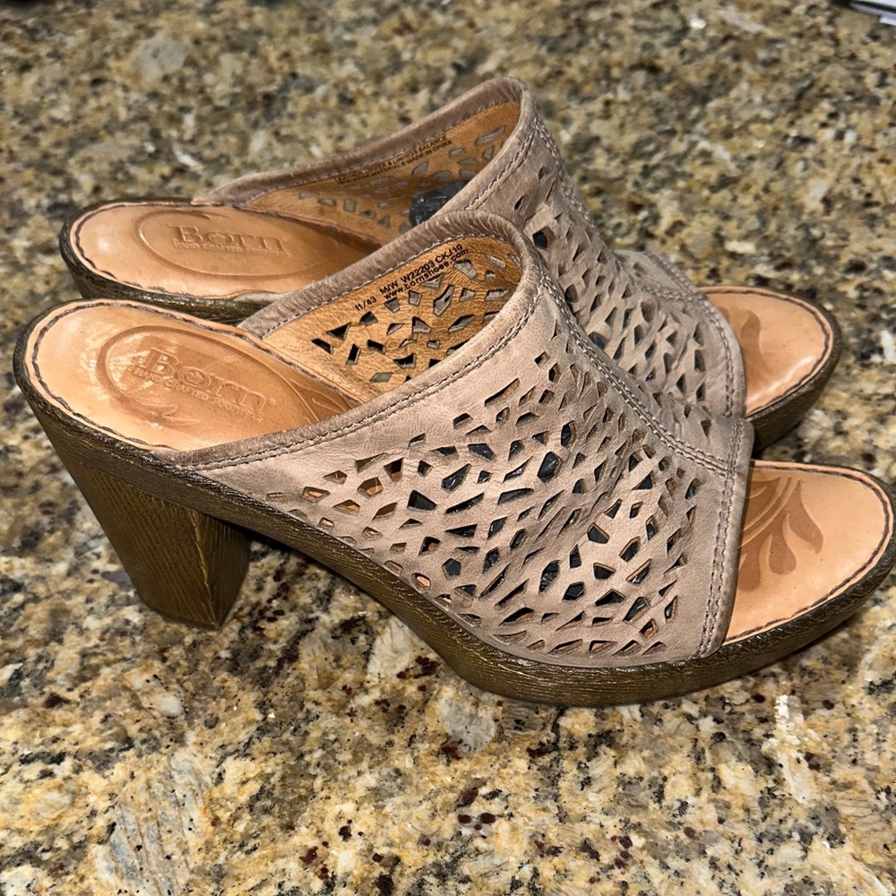 Born Beige Leather Cutout Heeled Mules